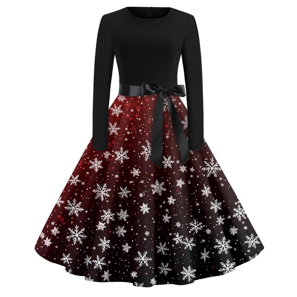 Halloween Print Flare Dress For Women Long Sleeve Dress Hollow Party Casual Round Neck Dresses