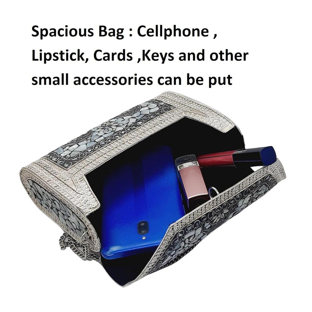 Antike indische Kunst Handgefertigte Steinmosaik Metalltasche Damen/Mädchen Braut Metallclutch Party Umhängetasche