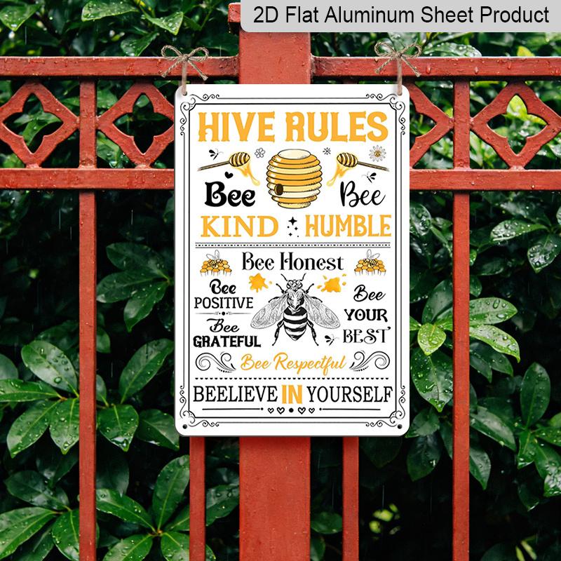 2D Flat Hive Rules Bee Kind Humble Vintage Bee Hive Metal Sign - 8.0x12.0inch Aluminum Wall Art, Farmhouse Bee Themed Home Kitchen Decor, Pre-Drilled