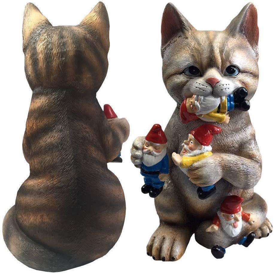Whimsical Garden Decor Resin Statue Of Cat With Dwarf Handcrafted