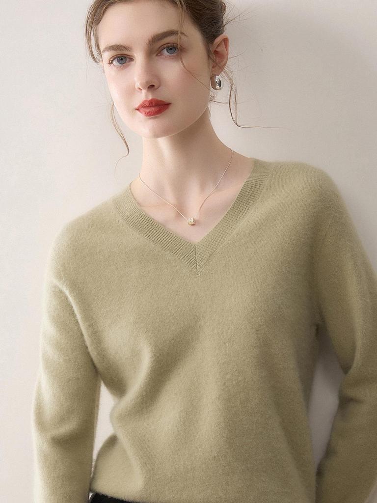 Women's 100% Pure Cashmere V-Neck Sweater - Long-Sleeved, Seamless Knit Pullover for Autumn & Winter