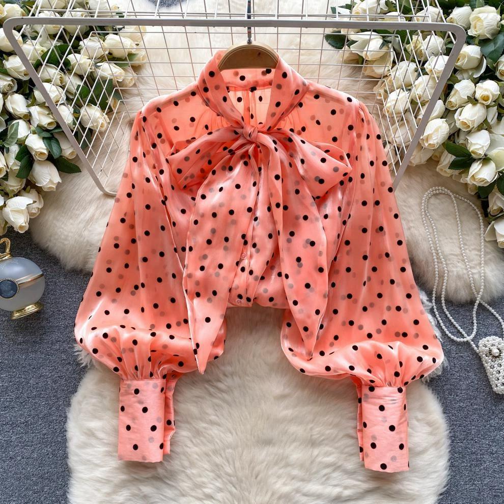 

French Retro Socialite Style High-end Polka Dot Shirt for Women In Autumn with Bubble Sleeves and Bow Design, Temperament Top One Size розовый
