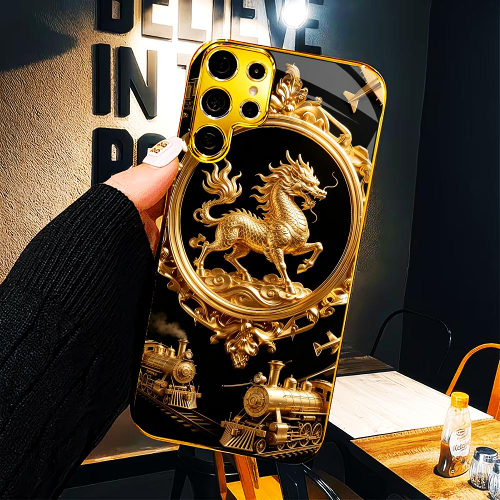 Shiny Gold Plated Kirin phone case glass s25 ultra case s26 ultra case for Samsung Galaxy S26 S25 S24 S23 S22 FE Ultra Plus