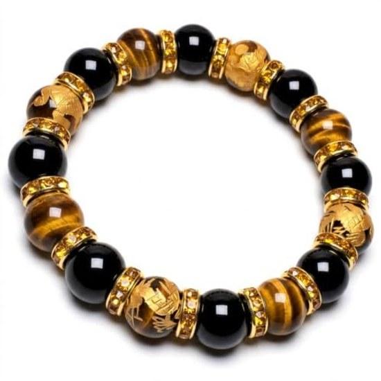 Four Guardian Beasts Bracelet Tigers Eye Gold Engraving 12mm Black Onyx Natural Stone Power that enhances work luck success Want enhance overall life