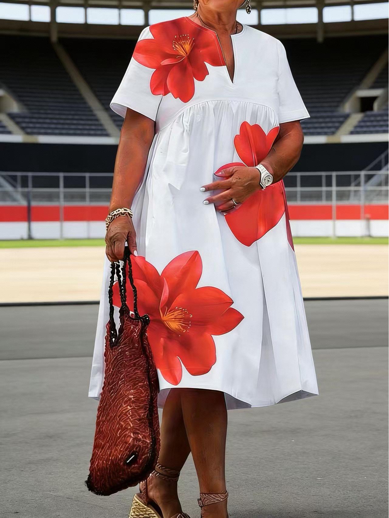 Elegant V-Neck Short-Sleeve Printed Midi Dress in Light Polyester XXL [140-150 lbs]