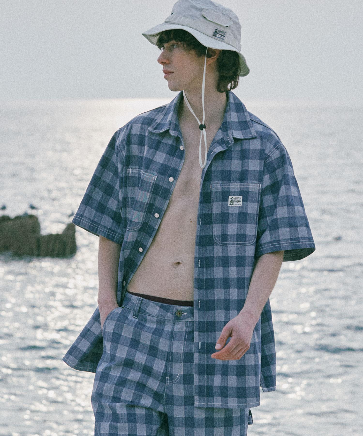 Mc Wood Gun Labor 2904 Apron Check Oversized Indigo Short Sleeve Shirt M