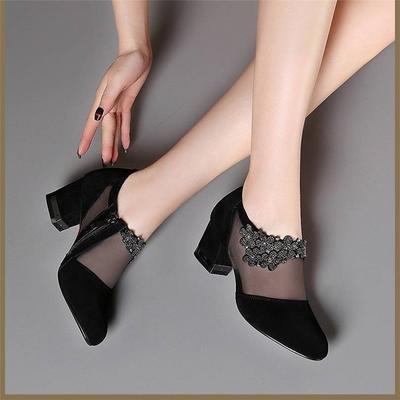 Women 'S Shoes High Heel Spring Fashion Flowers Square Heel Sandals Women Summer Size 43 Breathable Mesh Rhinestone Sandals