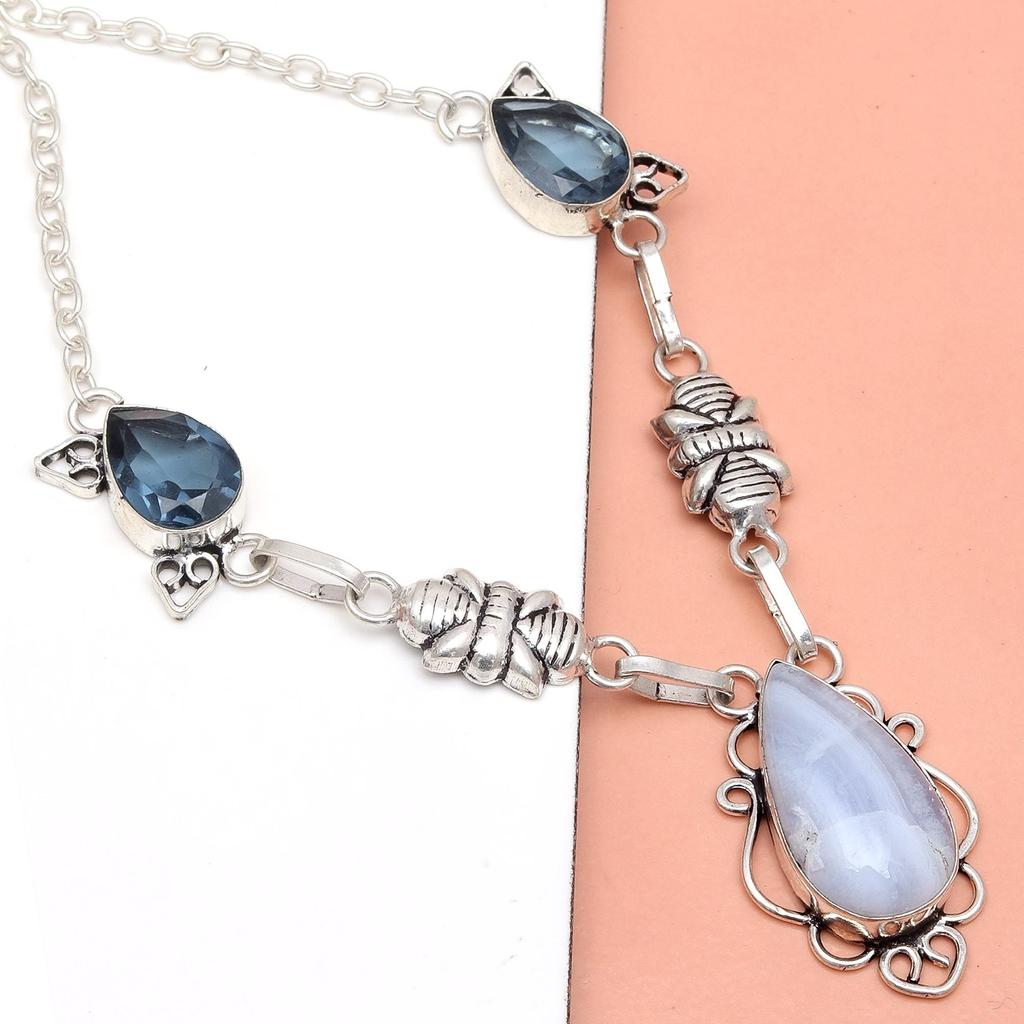 Lace Agate Pendant Blue Silver Jewelry 2.75" Gemstone Quartz Tanzanite