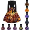 Women's Halloween Print Dress Round Neck Long Sleeve Casual Dress A-Line Skirt with Waist Tie Belt Suitable for Various Occasions