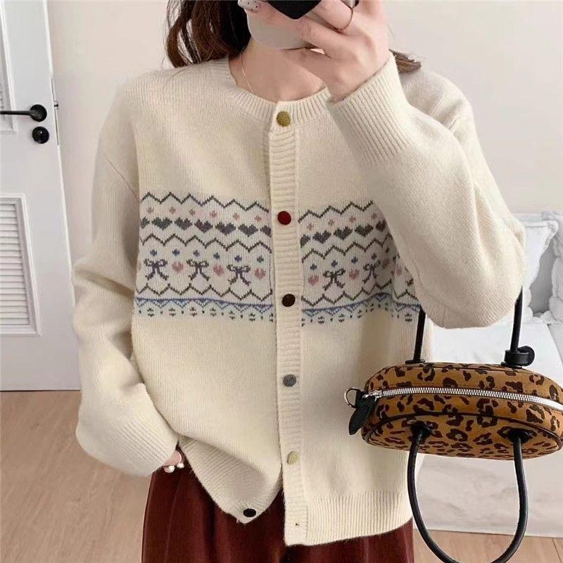 Autumn Winter Cardigan Fashion Round Neck Korean Style Retro Color Block Jacquard Knit Loose Sweater New Coat