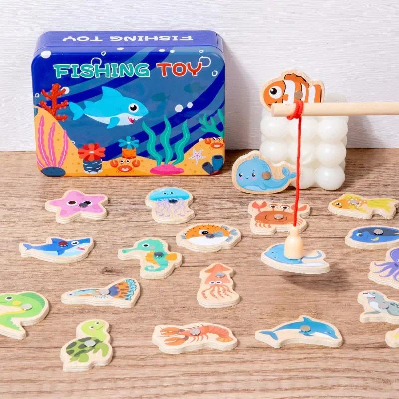 Montessori Wooden Fishing Toys For Children Marine Life Cognition Fish Games Parent-Child Interactive Educational Toy