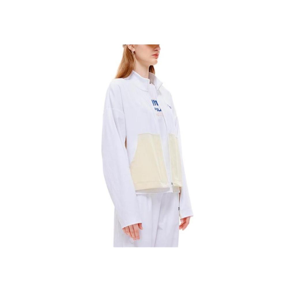 Fila Fusion Letter Logo Print Color Block Retro Sports Color-Blocked Stand Collar Knitted Long Sleeve Jacket Women jackets White Pink T11W232502F-IV