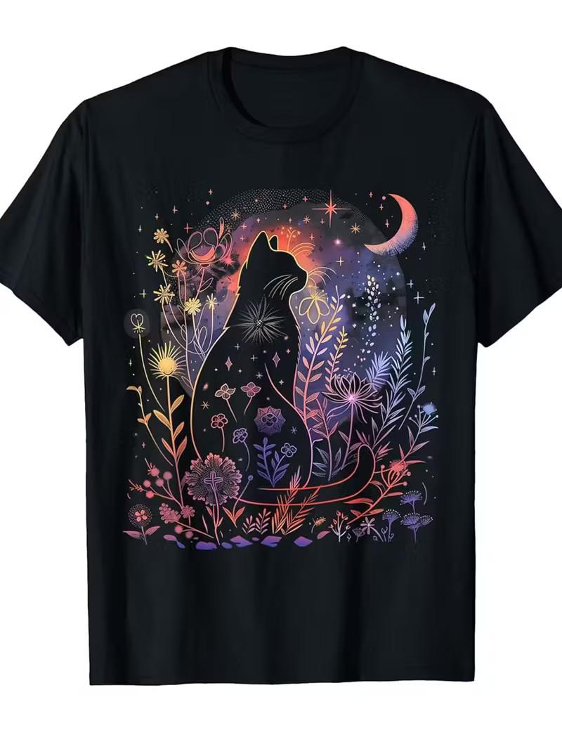 Gothic Black Cat & Moon T-Shirt - Mystical Night Sky Design S