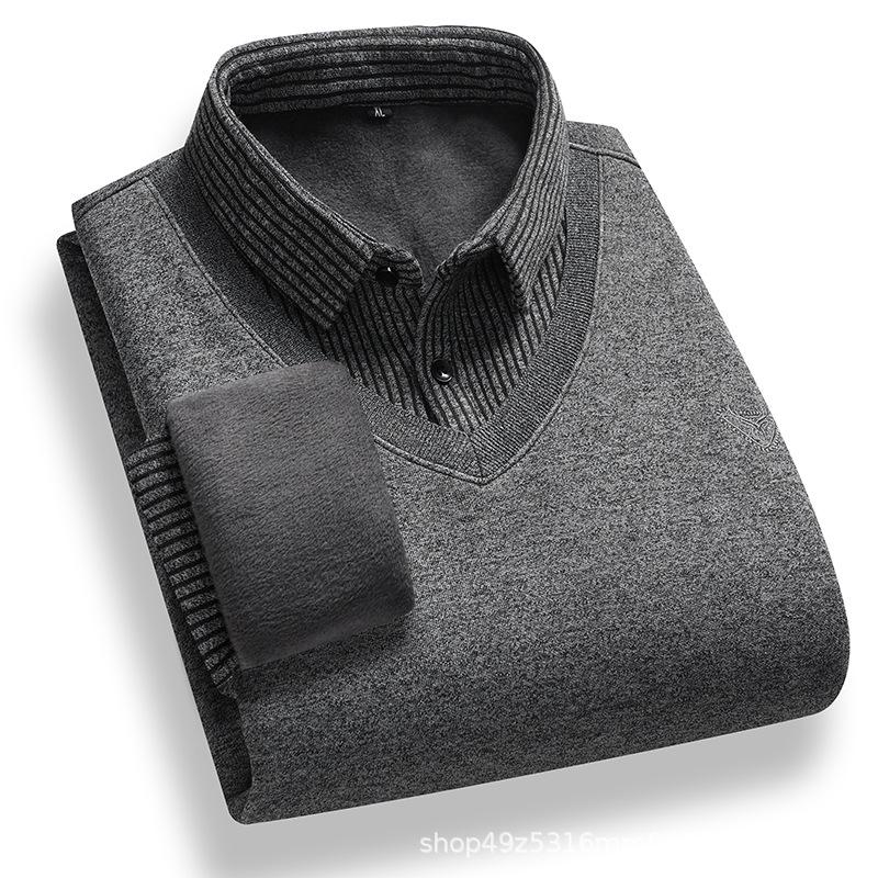 Winter Fake Two-Piece POLO Shirt with Velvet Knit - Thick and Cozy 3XL серый