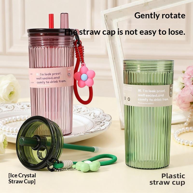 700Ml Large Capacity Summer Plastic Straw Cup Leak Proof With Flower Pendant Lid Rope Transparent