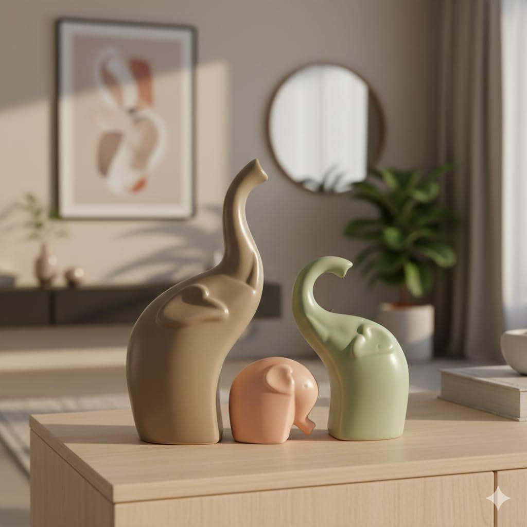 Lephant Family Matte Finish Ceramic Figures | Home Decor Living Room Decorative Items Showpieces House Warming