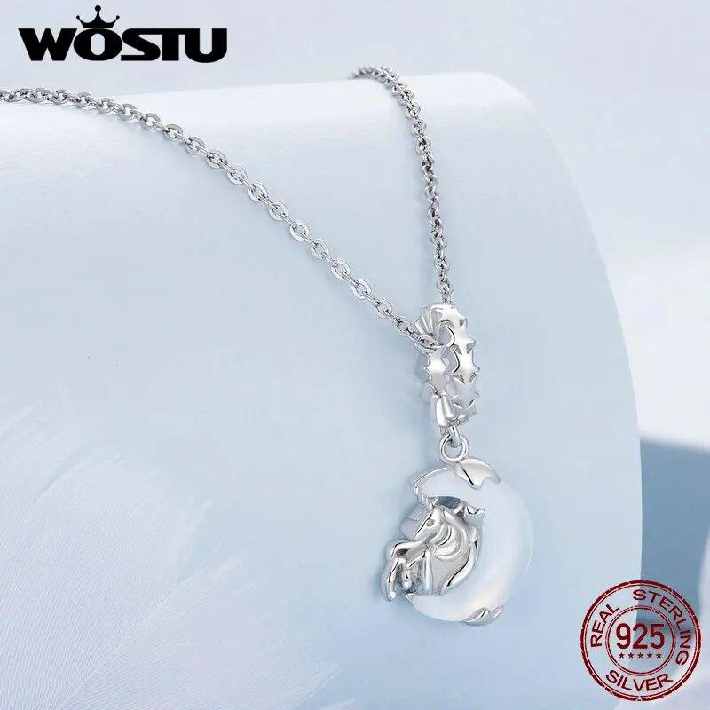 WOSTU Colgantes de unicornio transparente de Plata de Ley 925 con diseño de luna y estrella, aptos para Pulsera Original, regalo de joyería DIY