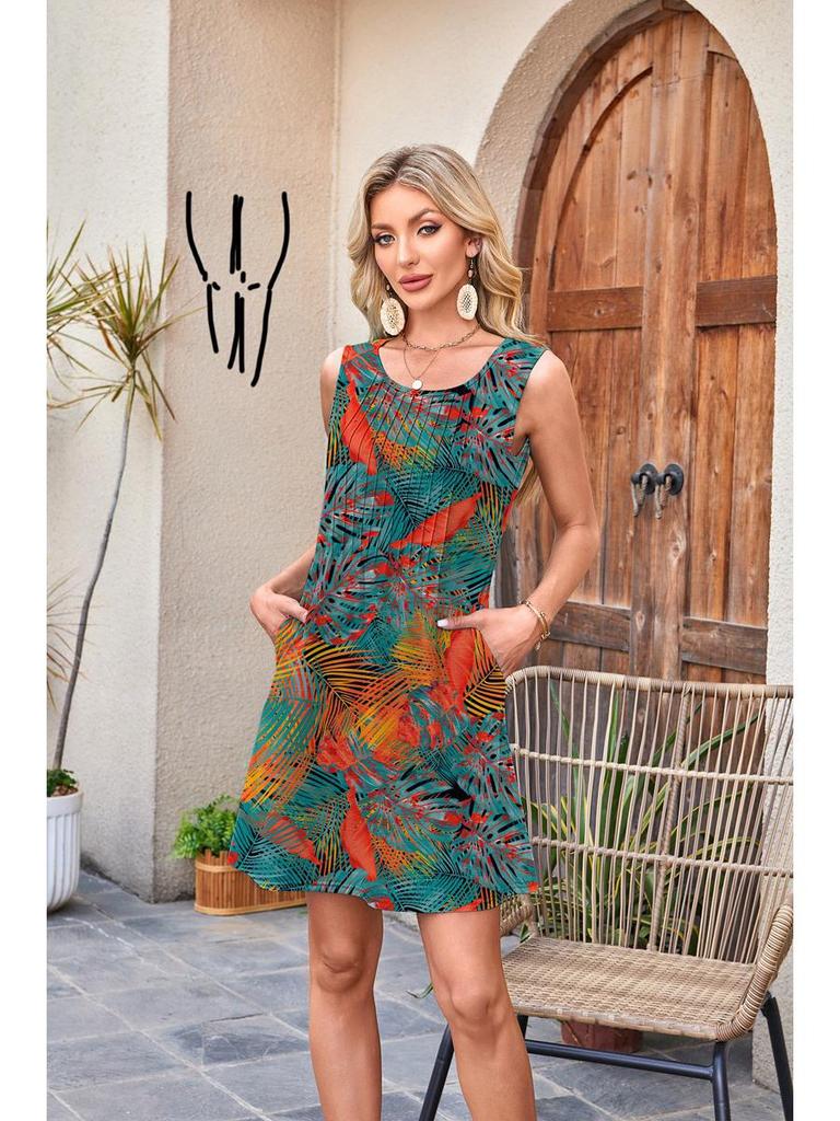 European American Women's Sleeveless Drawstring Pocket Dress - Round Neck Print