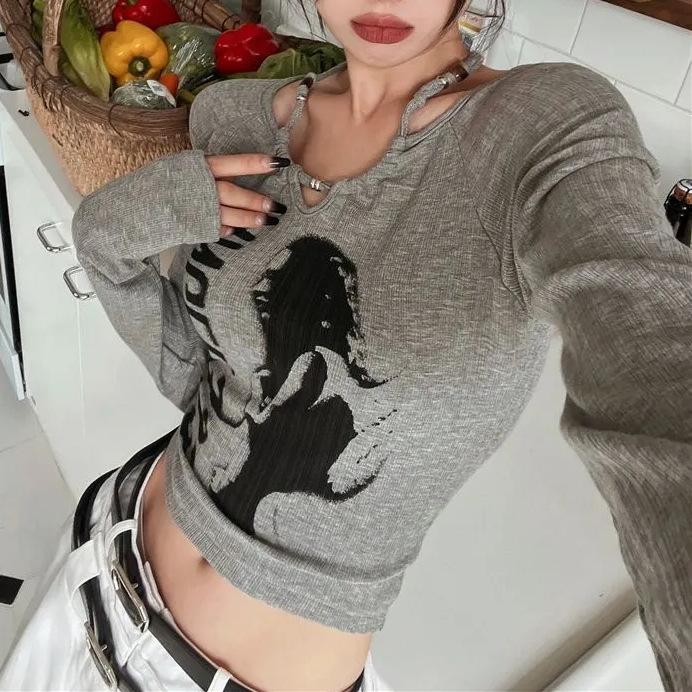 Fashion Woman Tshirts  Slim Women Goth T-shirt Long Sleeve Crop Tops Y2k Top Clothing Korean T Shirt