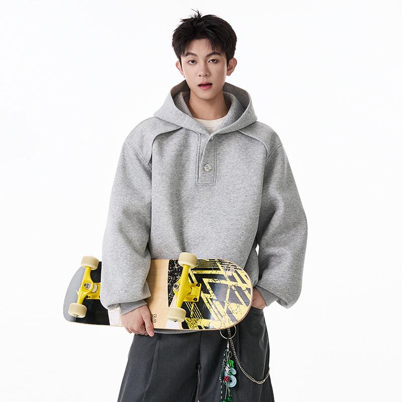 Wukong Men s Trendy Deconstructed Half-Open Collar Hooded Sweatshirt - Simple, Loose-Fit Casual Sports Hoodie 3XL серый