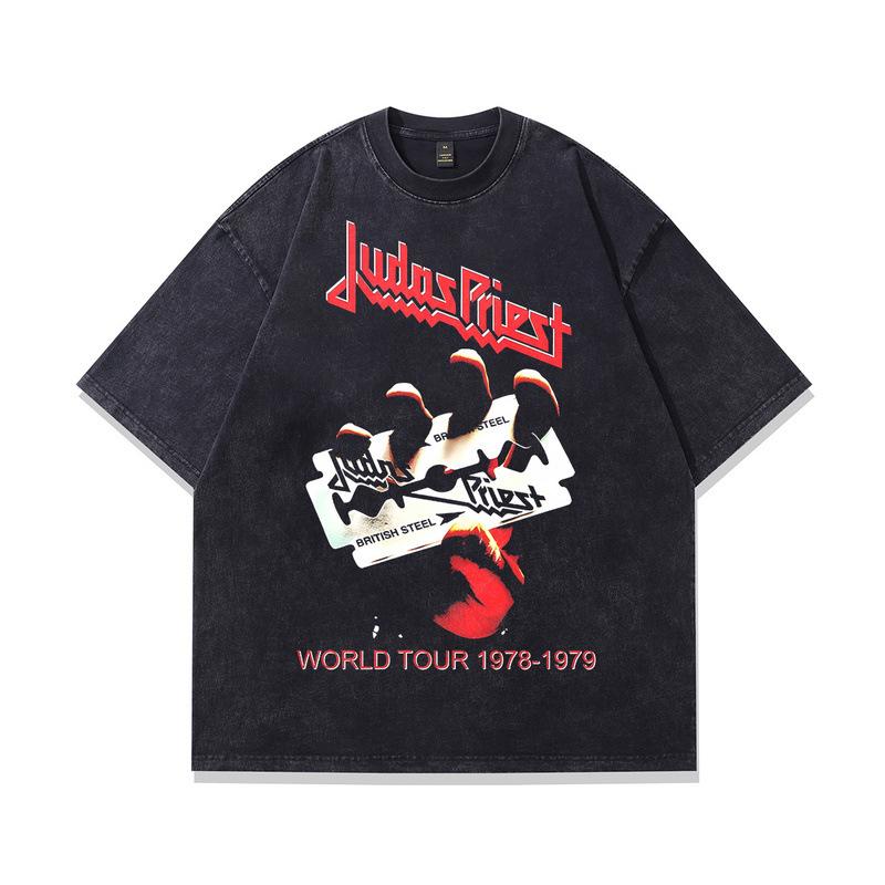 230G Heavy Cotton Washed Short-Sleeved T-Shirt American Rock Retro Skull Vintage Printed Half-Sleeved Men