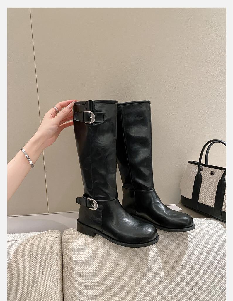 Ma Sichun of the Same Style~ Height Increase 4/7cm Fashionable Buckle with Round Head Splicing Thick Heel Knight Boots Women's Stacked Short Boots