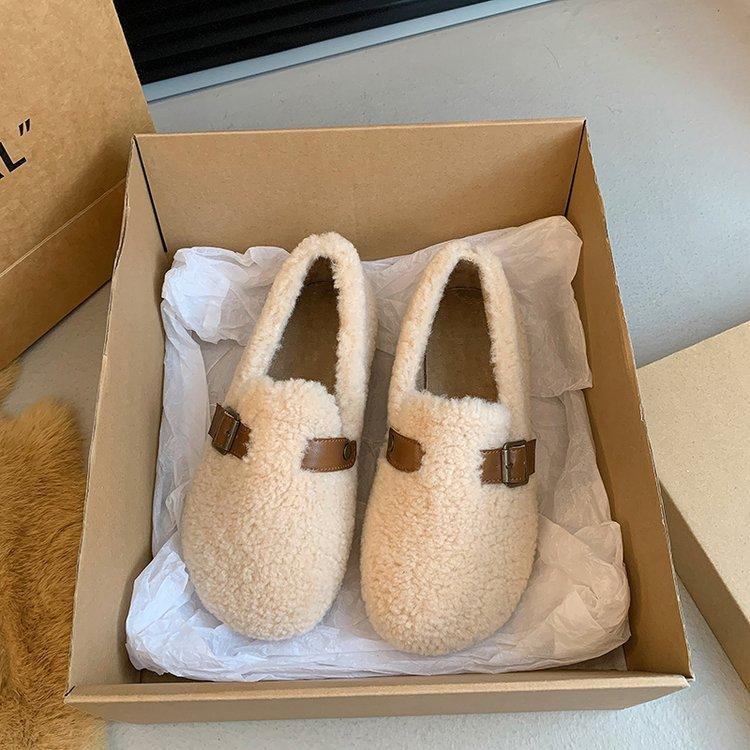 Fashion Spring Fall One Foot Stirrup Soft Bottom Furry Shoes Women Winter Outer Wear Korean Gentle Fairy Wind Soybean Shoes Padded Cotton Shoes