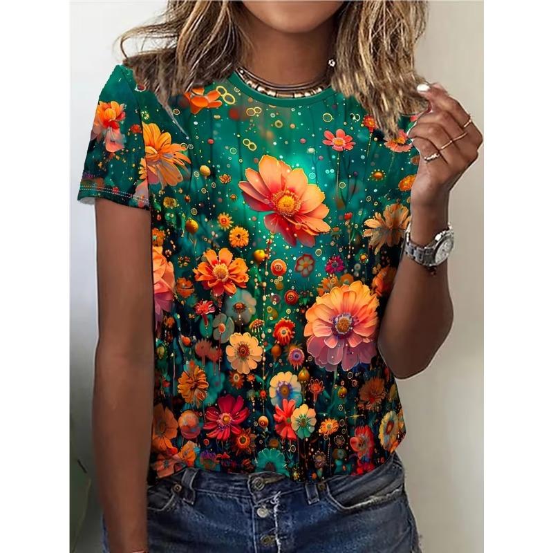 

Popular Green Field Flower Retro Oil Painting Full Print Short Sleeved T-shirt for Women, Fashionable and Elegant Top 3D Digital 5XL