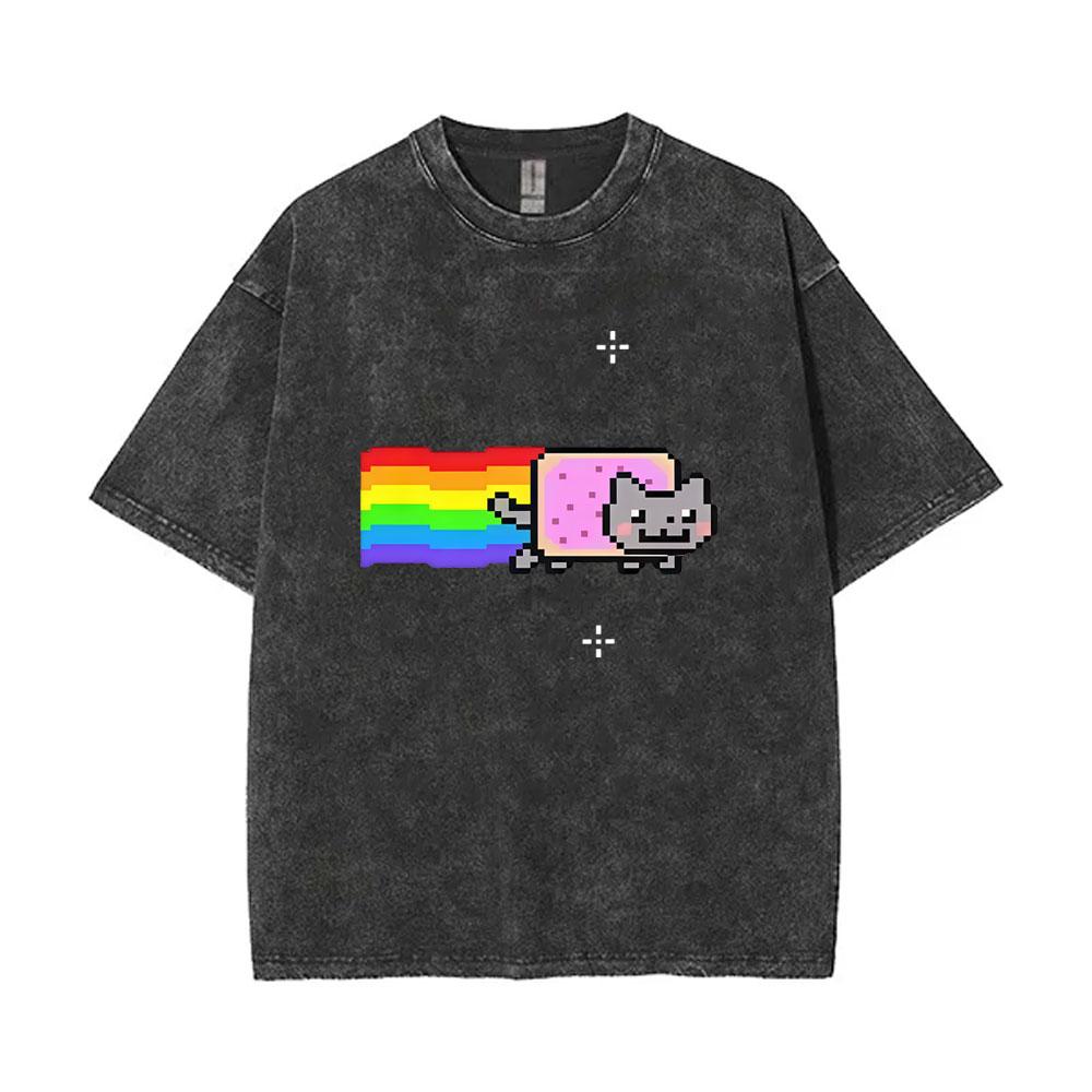 Camiseta de Moda con Estampado de Gato Arcoíris Nyan, Divertida, Vintage, Lavada, para Hombre y Mujer, Informal, Holgada 2069
