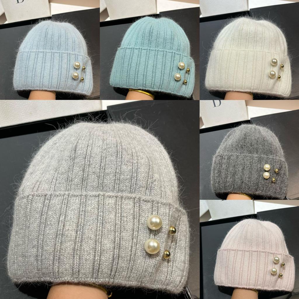 Winter Xiaoxiangfeng Pearl Rabbit Hair Knitted Hat Women'S Nordic Cold Warm Wool Pullover Cold Hat Tide