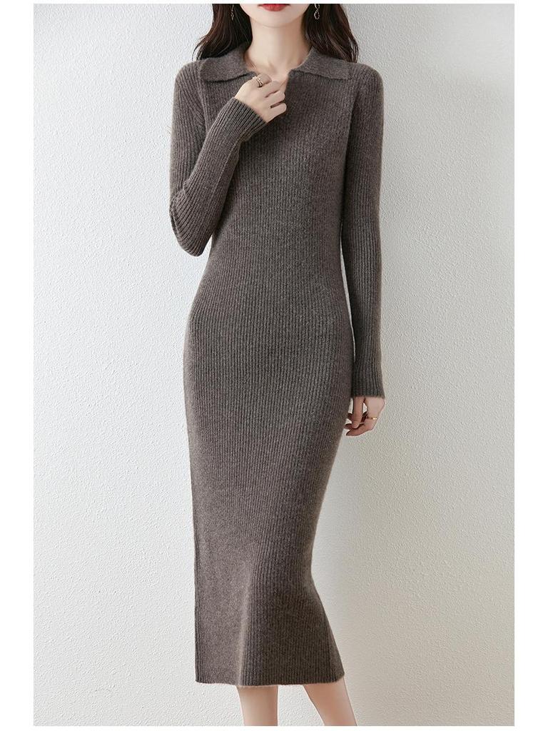 Autumn/Winter Wool Turn-Down Collar Slim-Fit Knitted Dress with Over-the-Knee Slit and Coat Set