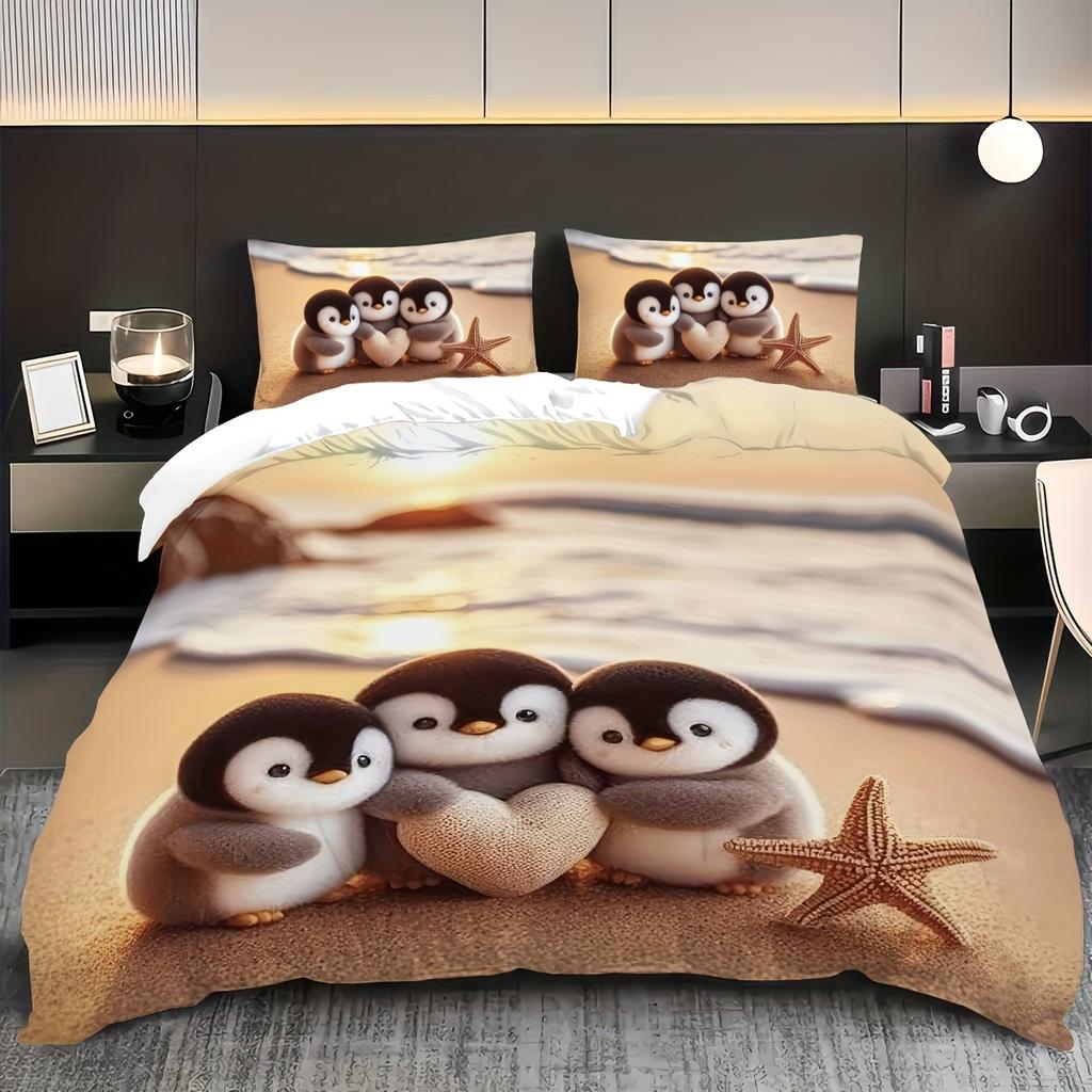 3ks sada (1 povlak na přikrývku + 2 povlaky na polštáře, bez výplně), penguin element digitální tisk měkký, světle béžový-přátelský Ložní set