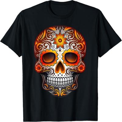 Day Of Dead Sugar Skull Floral Skeleton Head Bone Skull T-Shirt (2)