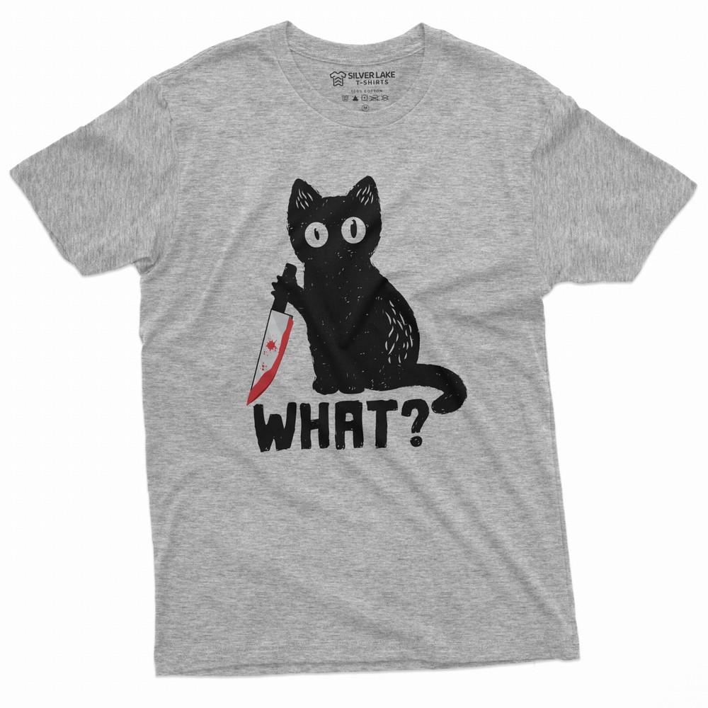 Funny Halloween Shirt What Cat with Bloody Knife Humor Shirt Halloween Cat Tee  Unisex T-Shirt XL
