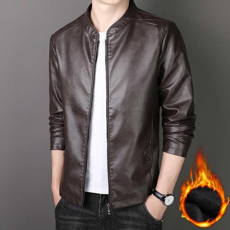 

Leather Men s Short Leather Jacket Spring and Autumn Thin Casual Business Jacket Men s Plus Velvet Thick Leather Jacket S кавовий