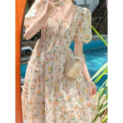 Fashionable Retro Small Floral Printed Cake Dress Summer Waist-hugging and Slimming Over the Knee Mid-length Skirt