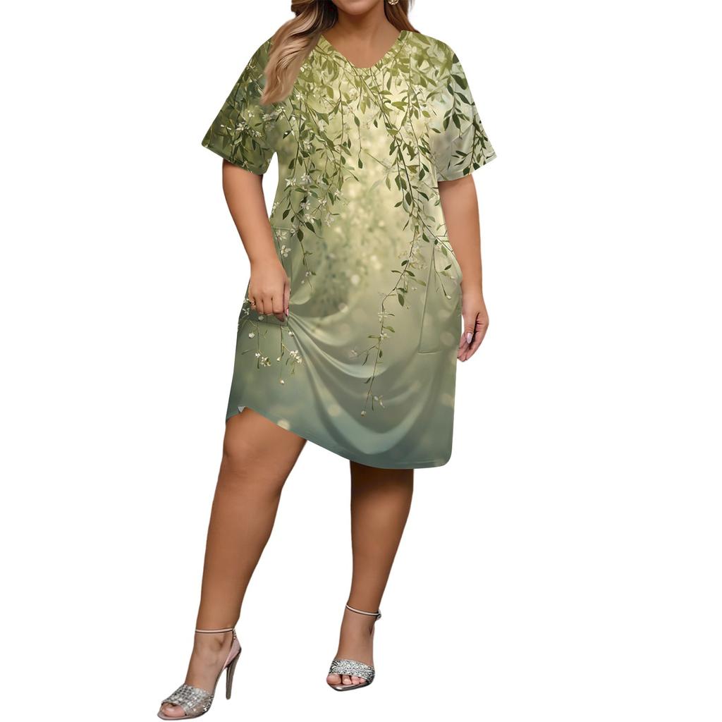 Summer Plus Size V Neck Short Sleeve Knee Pocket Print Casual Dress For Women