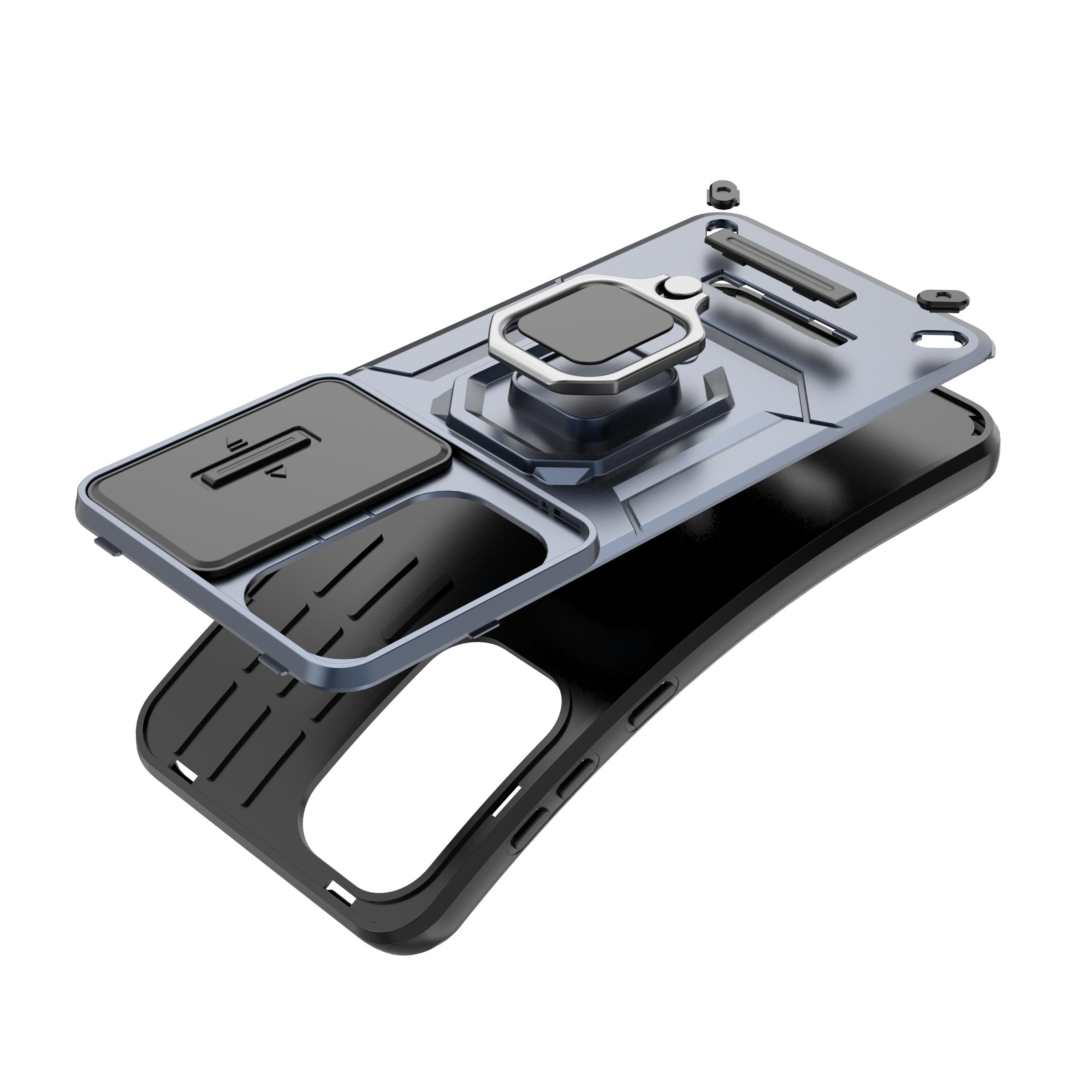 

For Samsung Galaxy M56 5G Case PC+TPU Kickstand Phone Protector with Lens Cover Blue