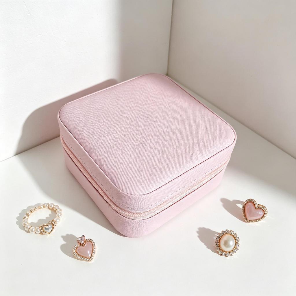 Caja de joyería compacta de cuero para mujer: un bonito organizador para colgantes, pendientes y anillos.