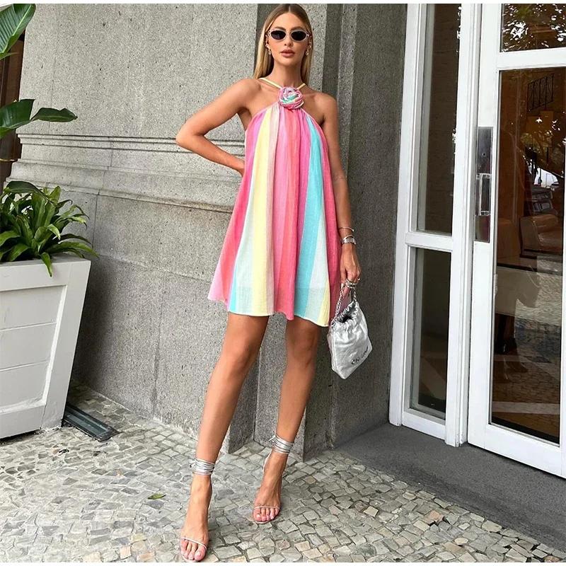 Цветное полосатое платье-халтер для женщин с 3D-цветком — фото 5