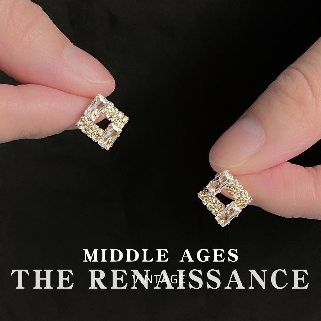 Light geometric square zircon stud earrings French retro elegant simple style earrings women