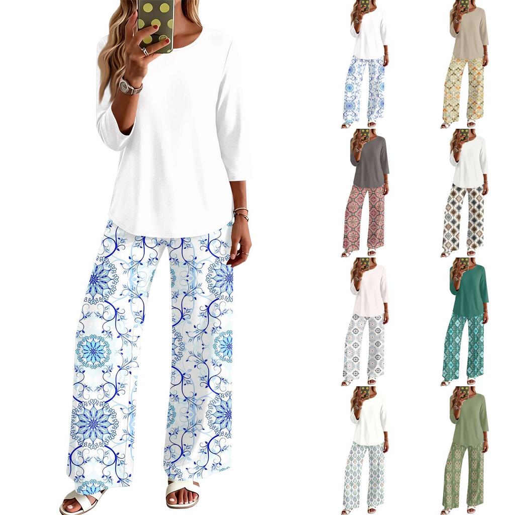 Women's Casual Fashion Round Neck Loose Fit Printed Three Quarter Sleeve Top with Wide Leg Printed Pants Set Comfortable Loungewear