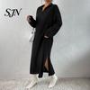 Ribbed Sweater Dress Women Knit for Fall Winter, Long Sleeve with Elegant Dresses Side Split, Solid Color Casual Collared V Neck Midi