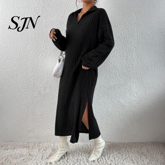 Ribbed Sweater Dress Women Knit for Fall Winter, Long Sleeve with Elegant Dresses Side Split, Solid Color Casual Collared V Neck Midi