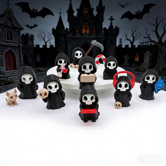 Hochwertige 3D-Drucke 9 Stück Sensenmann-Figuren, Coole Totenkopf-Skelett-Statuen, Gothic Dunkle Halloween Stilvolle Raumdekoration für Schlafzimmer