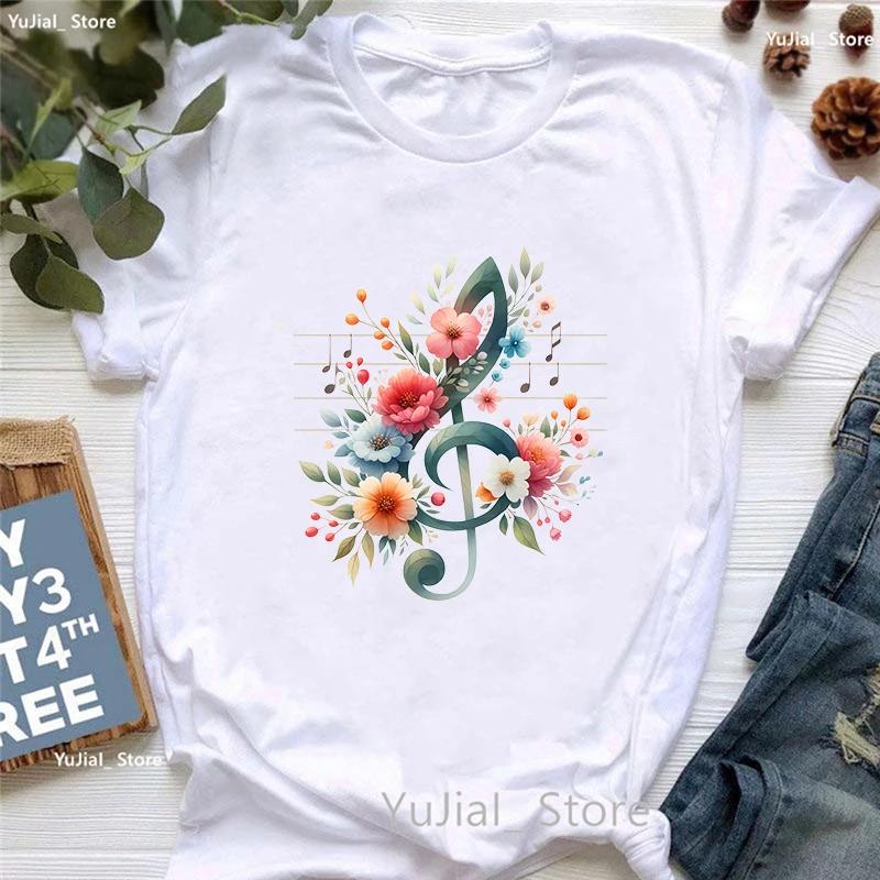 Watercolor Music Note Flowers Print T Shirt Girls Summer Fashion Tshirt Womem Hip Hop Tshirt Femme Harajuku Shirt Streetwear