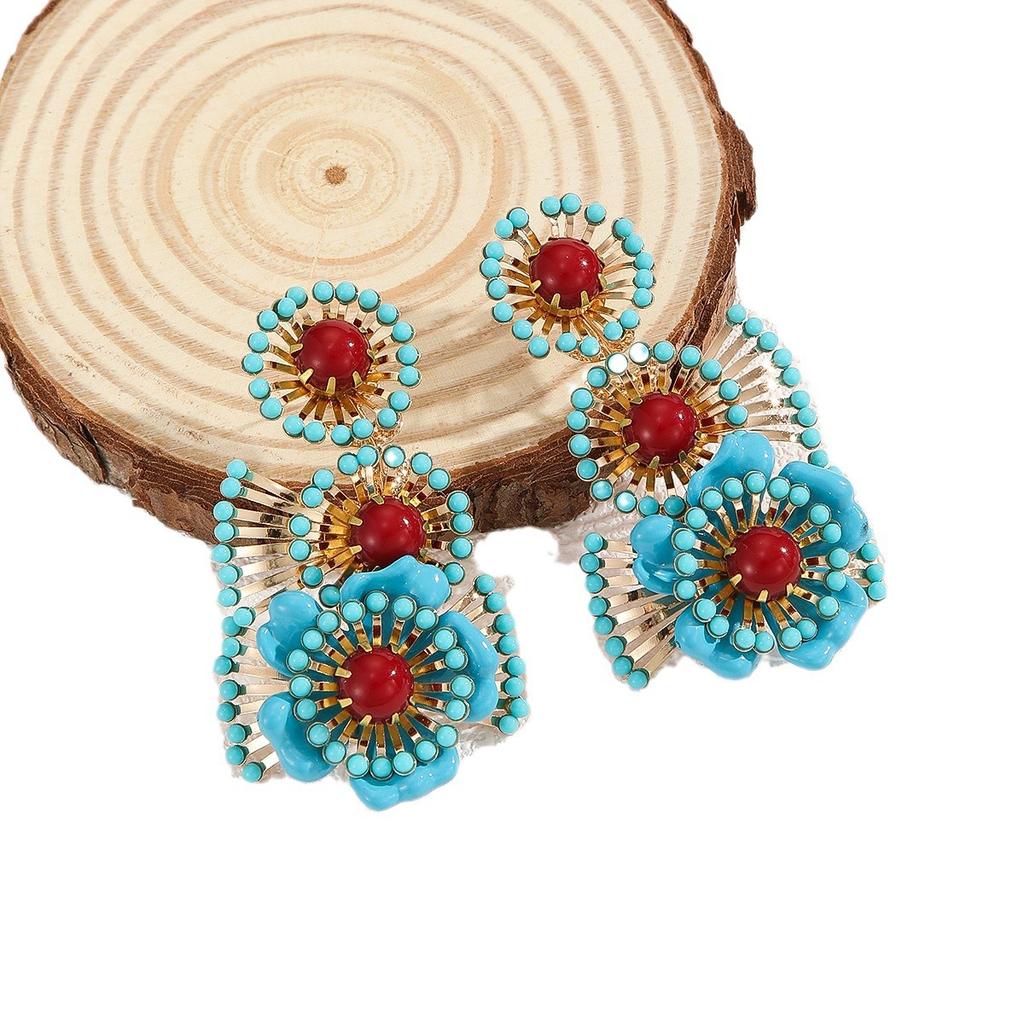Metal Heavy Handmade Earth Blue Plus Red Acrylic Diamond European and American Style Exaggerated Atmosphere Party Women Earrings