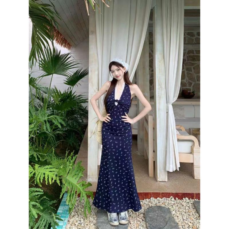 Women s Elegant Halter Neck Floral Print A-Line Dress with Lace Waist - Summer Fashion Medium синий
