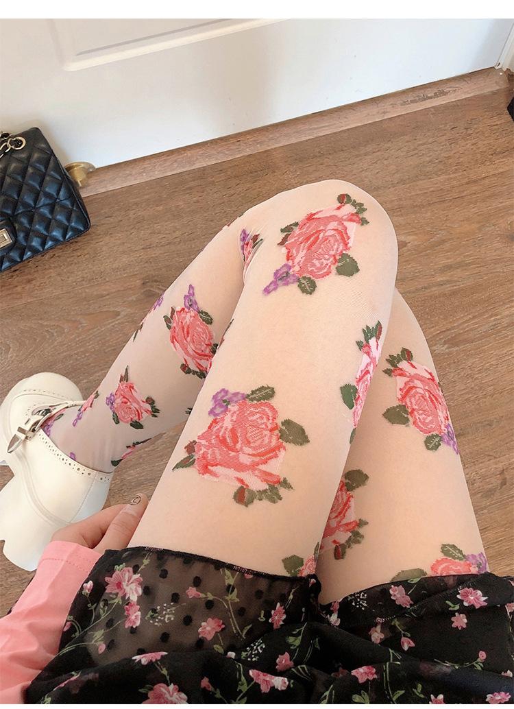 Damenstrümpfe Handbestickt Rosa Blume Sexy Stil Netzstrümpfe Elegant Ältere Damen Florale Strumpfhosen One Size beige