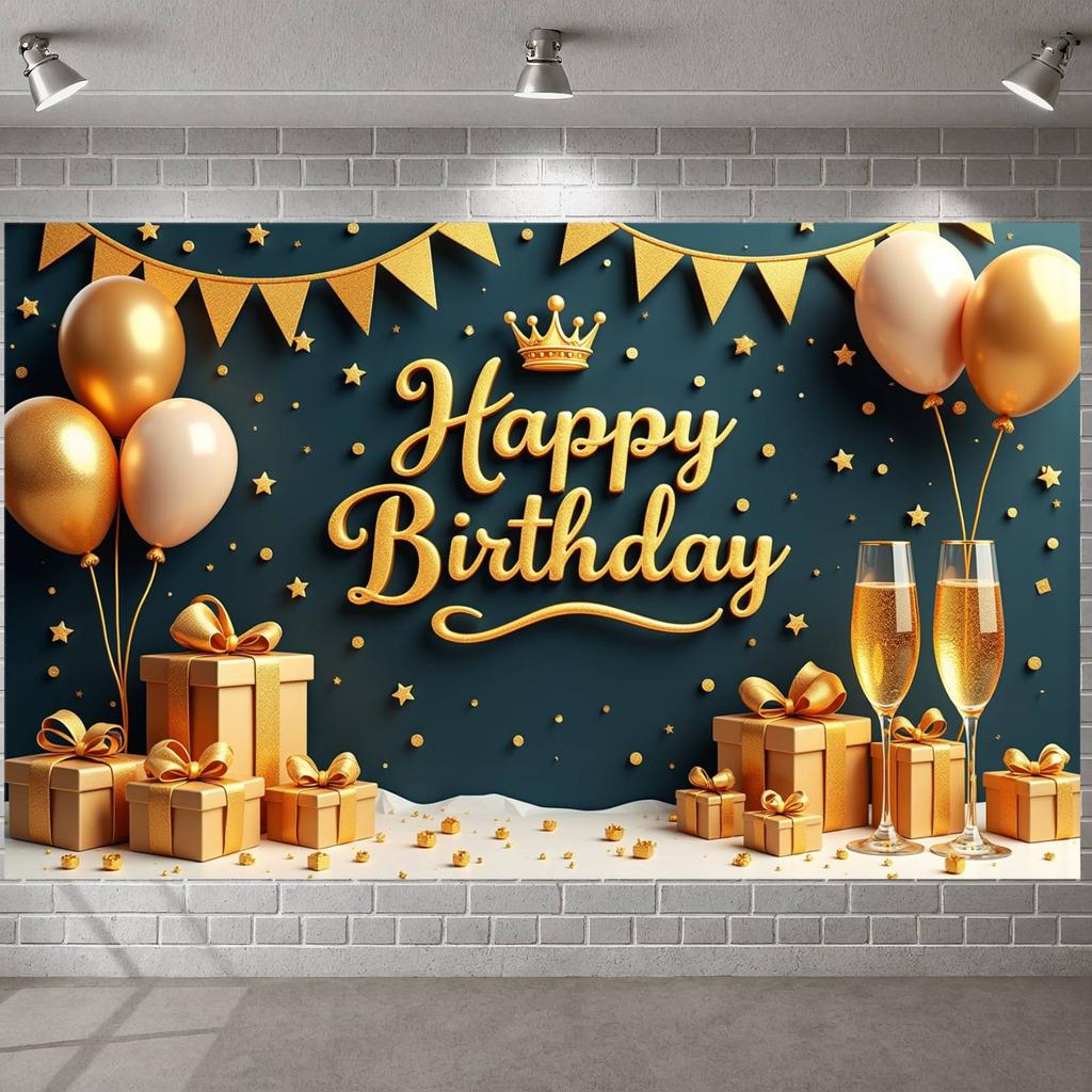 Happy Celebration Display Gold Gray Balloons Birthday Event Backdrop Birthday Party Backdrop Festive Party Decoration Banner